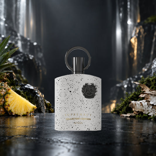 Afnan Supremacy Collector's Edition white speckled bottle with pineapple, moss and birch bark