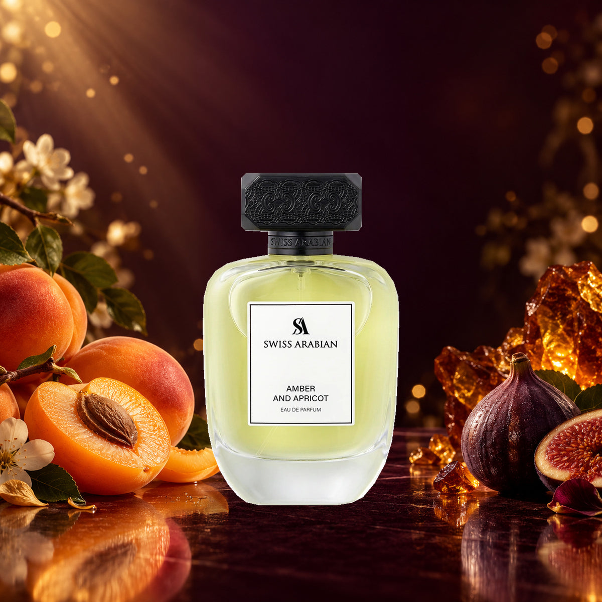 Swiss Arabian Amber and Apricot Eau de Parfum bottle with apricots, figs and amber resin