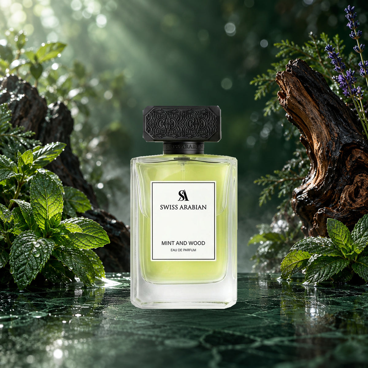 Swiss Arabian Mint and Wood Eau de Parfum bottle with fresh mint, lavender and driftwood
