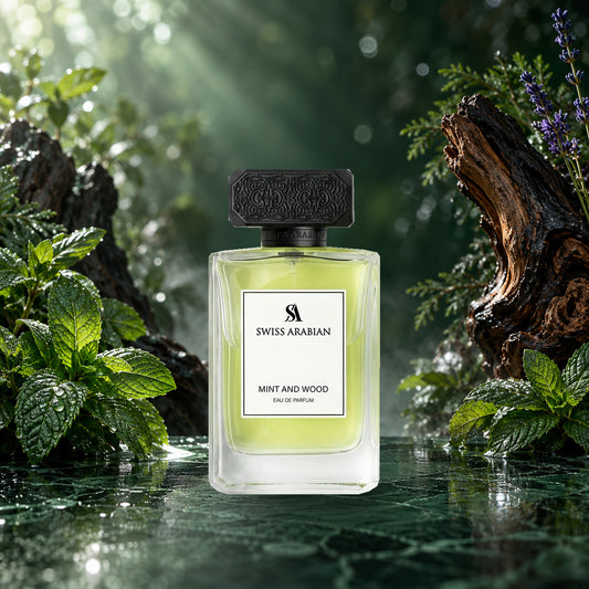 Swiss Arabian Mint and Wood Eau de Parfum bottle with fresh mint, lavender and driftwood